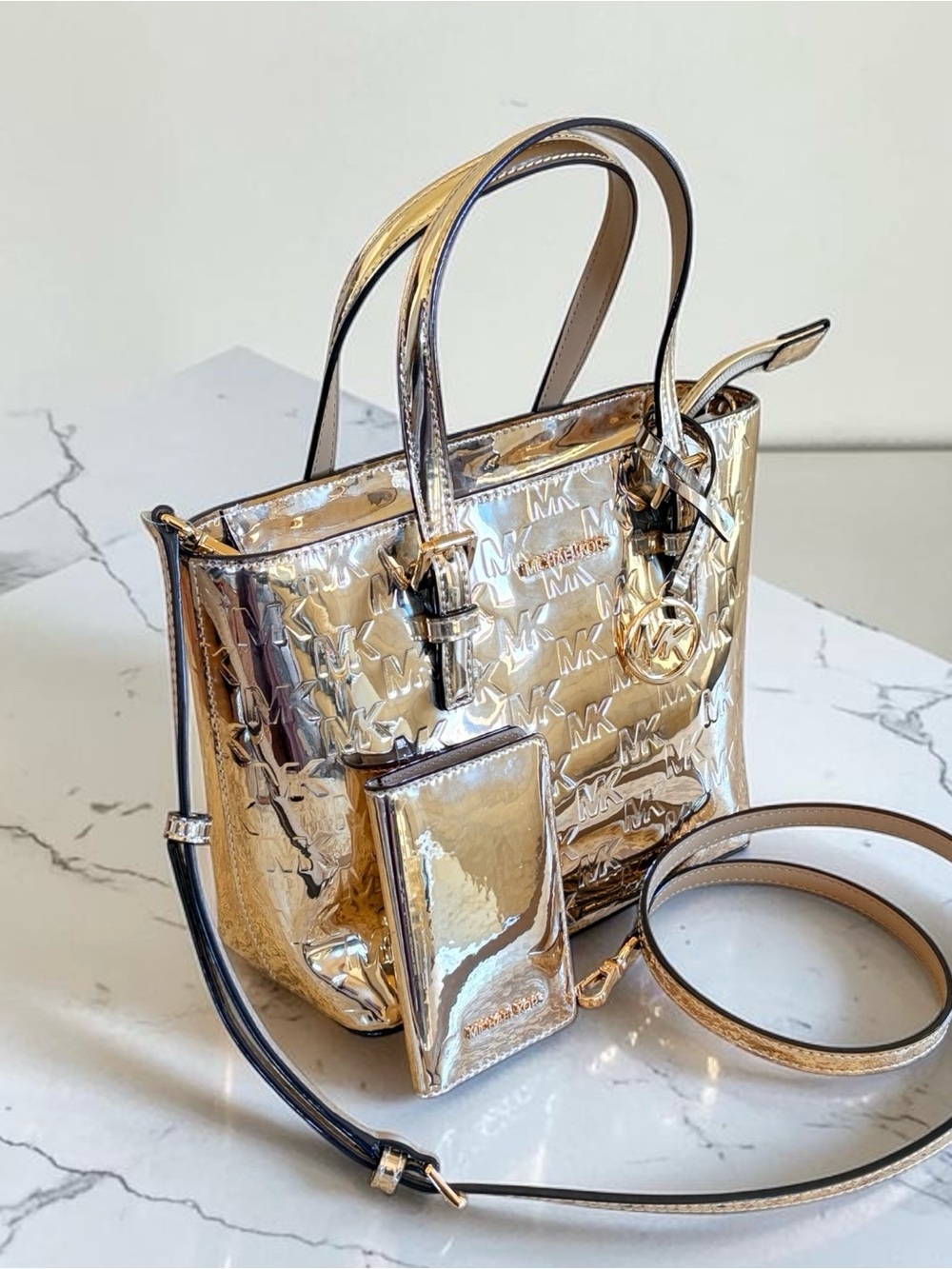 Michael Kors Shiny Gold MK-Embossed Tote with Crossbody Strap